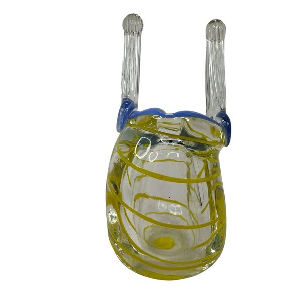 Vintage Handblown Art Glass MINI Basket Purse Blue & Yellow Swirls 2 Inch Decor - Picture 11 of 11